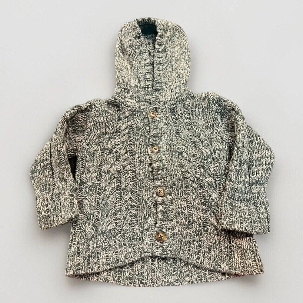 Baby Gap Green & Cream Cable Knit Hooded Button Up Sweater Size‎ 6-12 Months